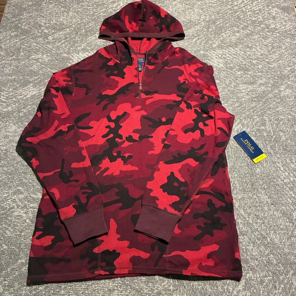Polo Ralph Lauren Men's L Red Camo Waffle Thermal Hoodie NWT 1/4 Zip